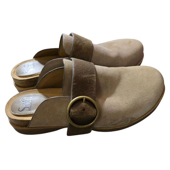 Söfft Womens 7.5M Beige Suede Leather Clogs With Brown Straps & Brass Buckles - Picture 1 of 7